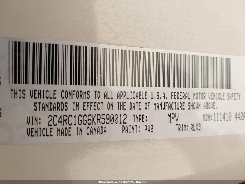 2019 Chrysler Pacifica Limited VIN: 2C4RC1GG6KR590012 Lot: 43376854