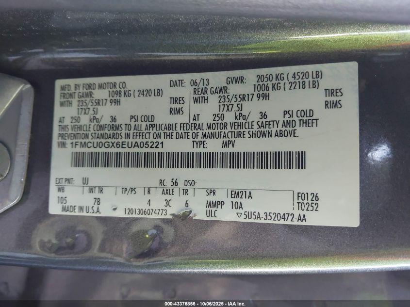 2014 Ford Escape Se VIN: 1FMCU0GX6EUA05221 Lot: 43376856