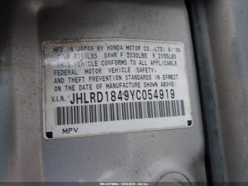 2000 Honda Cr-V Lx VIN: JHLRD1849YC054919 Lot: 43376864