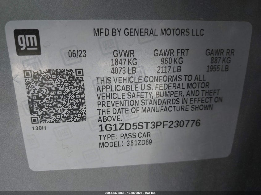 2023 Chevrolet Malibu Fwd 1Lt VIN: 1G1ZD5ST3PF230776 Lot: 43376868