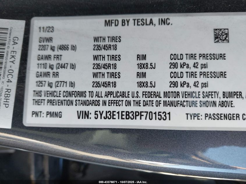 2023 Tesla Model 3 Long Range Dual Motor All-Wheel Drive VIN: 5YJ3E1EB3PF701531 Lot: 43376871