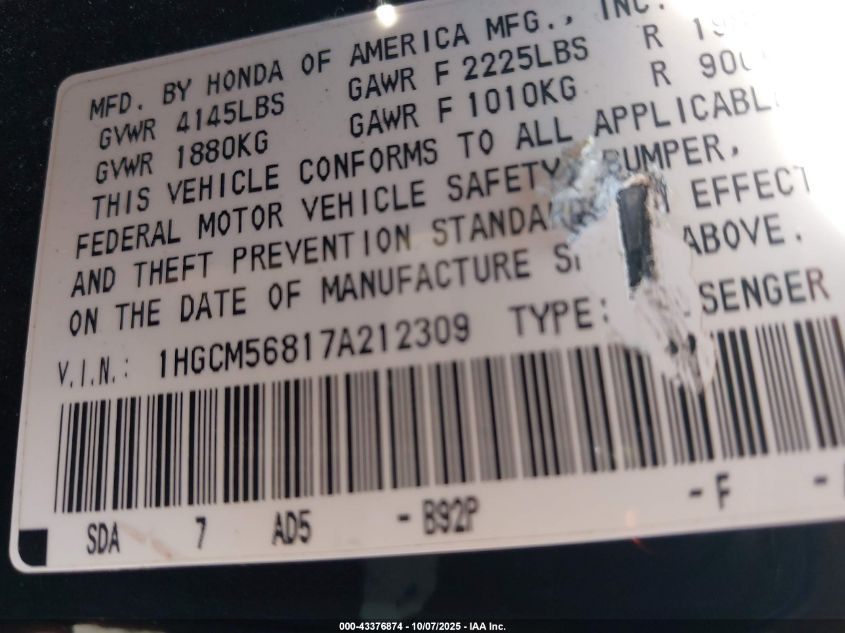 2007 Honda Accord 2.4 Ex VIN: 1HGCM56817A212309 Lot: 43376874