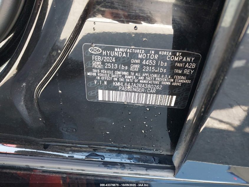 2024 Hyundai Sonata Sel VIN: KMHL64JA2RA380262 Lot: 43376875