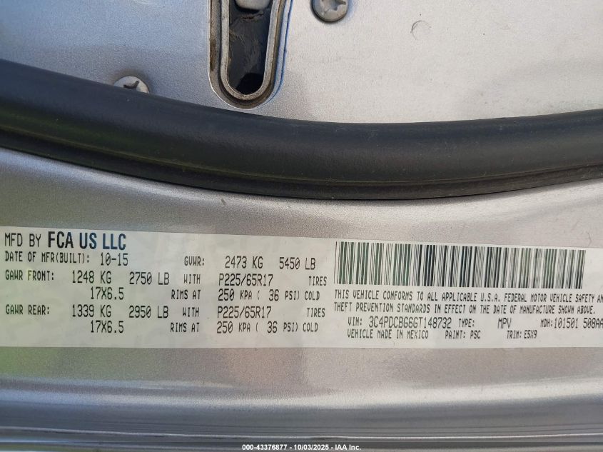 2016 Dodge Journey Sxt VIN: 3C4PDCBG6GT148732 Lot: 43376877