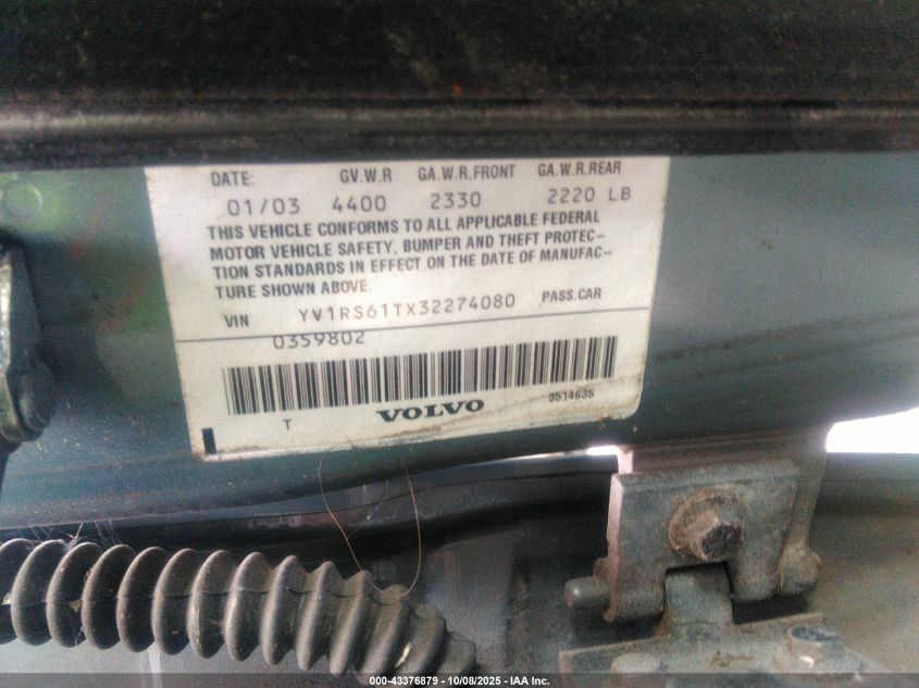 2003 Volvo S60 2.4 VIN: YV1RS61TX32274080 Lot: 43376879