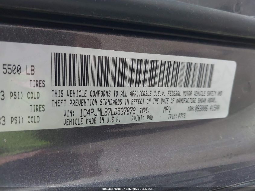 2020 Jeep Cherokee Altitude 4X4 VIN: 1C4PJMLB7LD537879 Lot: 43376889