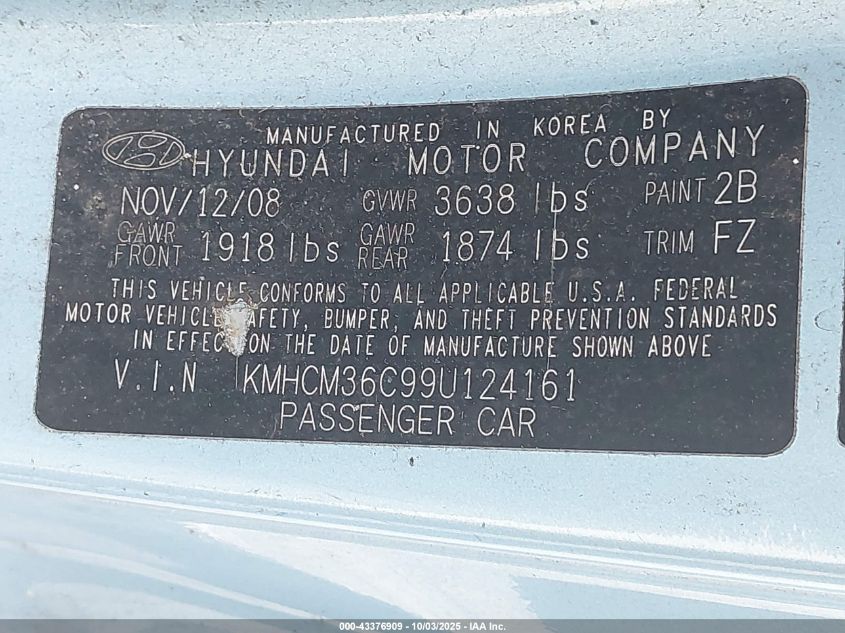 2009 Hyundai Accent Gs VIN: KMHCM36C99U124161 Lot: 43376909