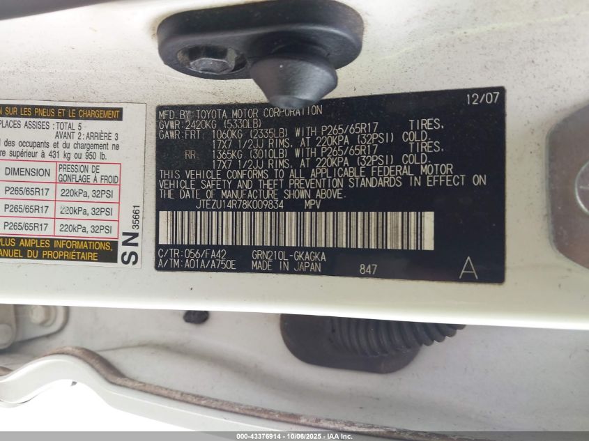 2008 Toyota 4Runner Sr5 V6 VIN: JTEZU14R78K009834 Lot: 43376914