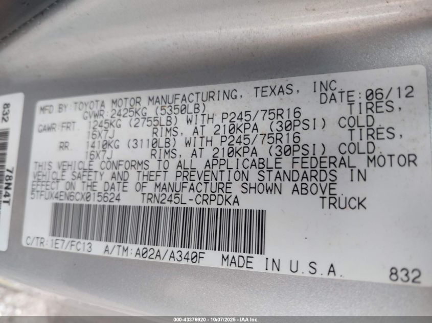 2012 Toyota Tacoma VIN: 5TFUX4EN6CX015624 Lot: 43376920