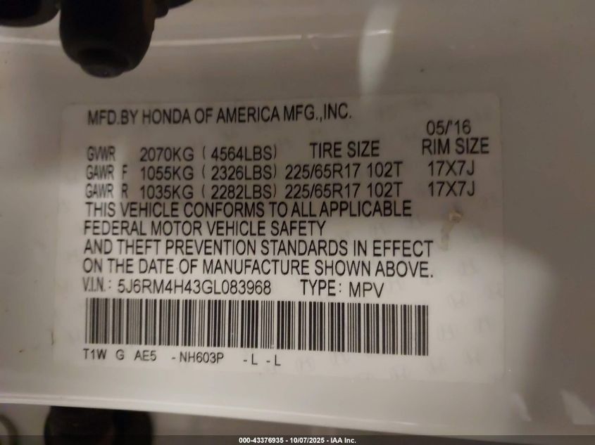 2016 Honda Cr-V Se VIN: 5J6RM4H43GL083968 Lot: 43376935