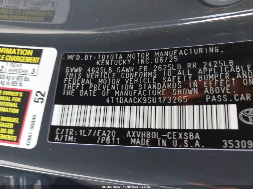 2025 Toyota Camry Se VIN: 4T1DAACK9SU173265 Lot: 43376952