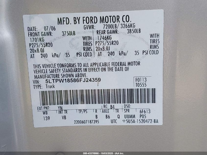 2006 Lincoln Mark Lt VIN: 5LTPW18586FJ24359 Lot: 43376966