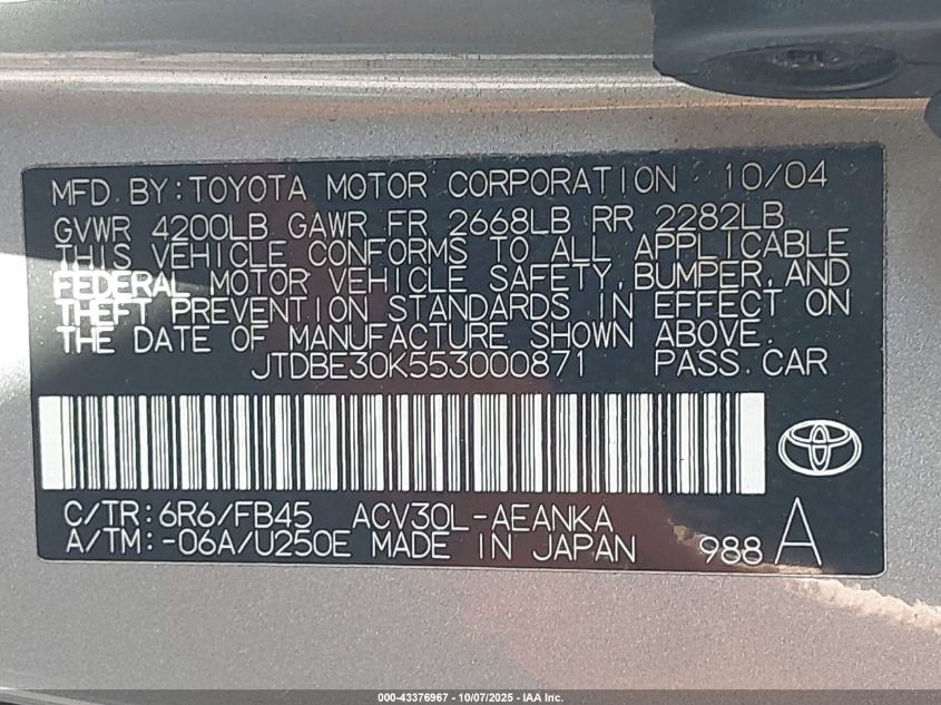 2005 Toyota Camry Le VIN: JTDBE30K553000871 Lot: 43376967