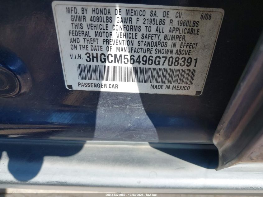 2006 Honda Accord 2.4 Lx VIN: 3HGCM56496G708391 Lot: 43376989