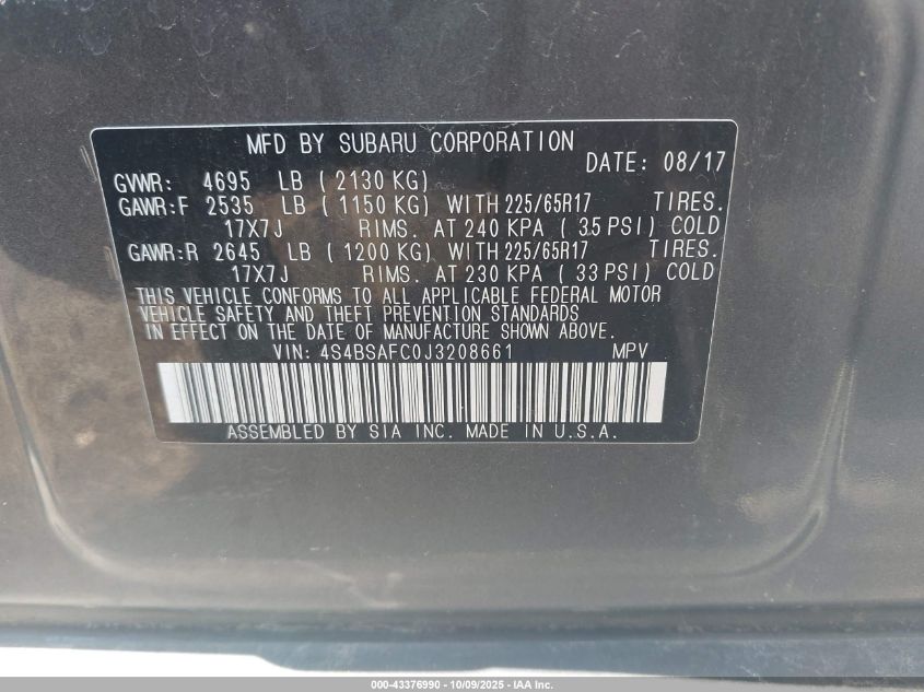 2018 Subaru Outback 2.5I Premium VIN: 4S4BSAFC0J3208661 Lot: 43376990