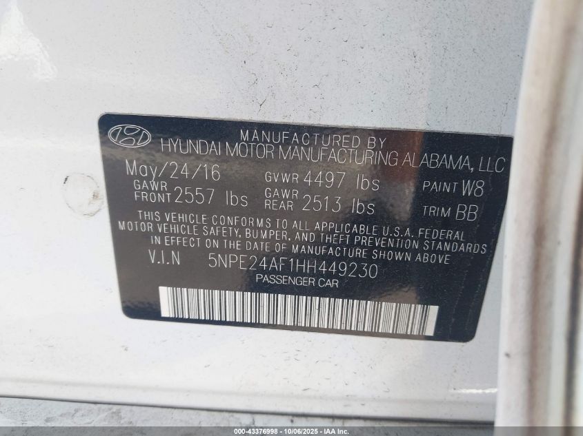2017 Hyundai Sonata Se VIN: 5NPE24AF1HH449230 Lot: 43376998