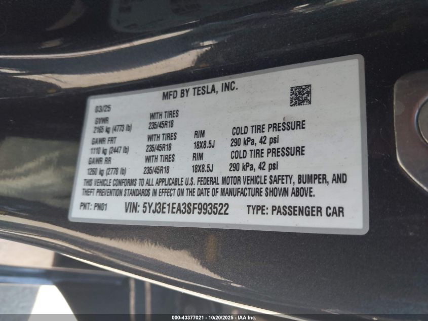 2025 Tesla Model 3 Long Range Rear-Wheel Drive VIN: 5YJ3E1EA3SF993522 Lot: 43377021