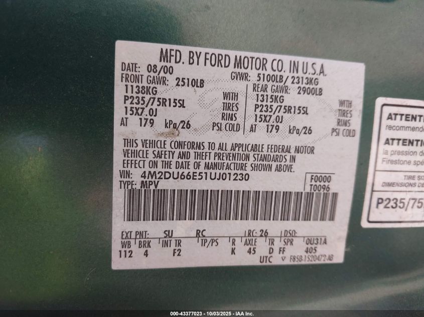 2001 Mercury Mountaineer VIN: 4M2DU66E51UJ01230 Lot: 43377023