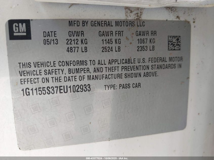 2014 Chevrolet Impala 2Lz VIN: 1G1155S37EU102933 Lot: 43377024