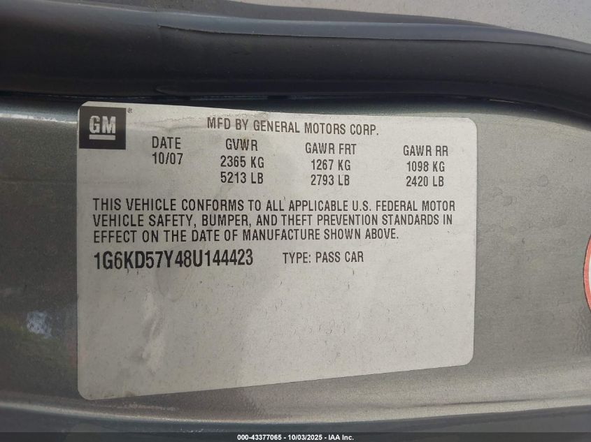 2008 Cadillac Dts 1Sb VIN: 1G6KD57Y48U144423 Lot: 43377065