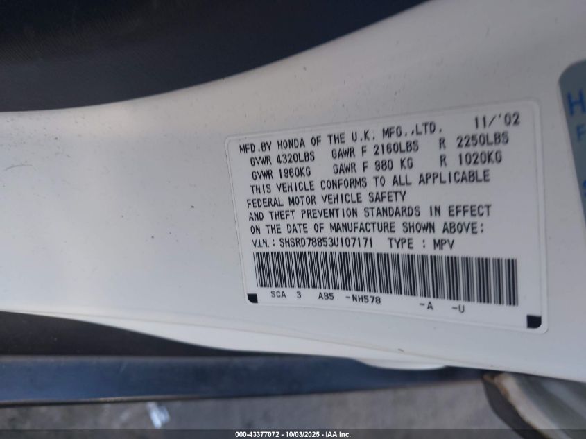 2003 Honda Cr-V Ex VIN: SHSRD78853U107171 Lot: 43377072