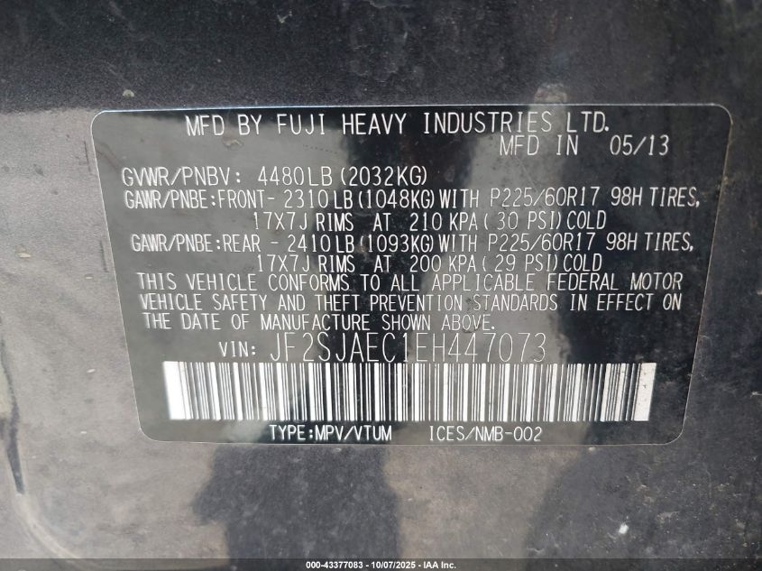 2014 Subaru Forester 2.5I Premium VIN: JF2SJAEC1EH447073 Lot: 43377083