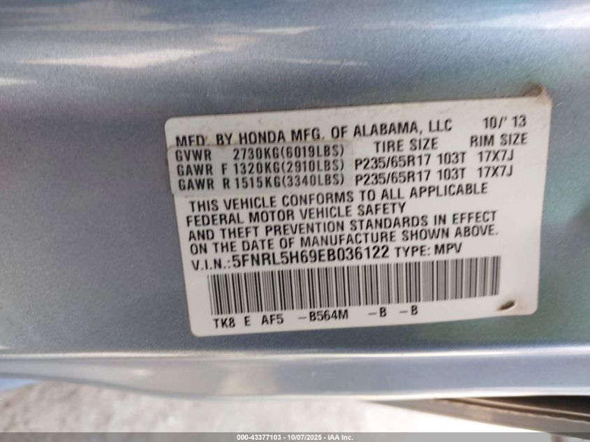 2014 Honda Odyssey Ex-L VIN: 5FNRL5H69EB036122 Lot: 43377103