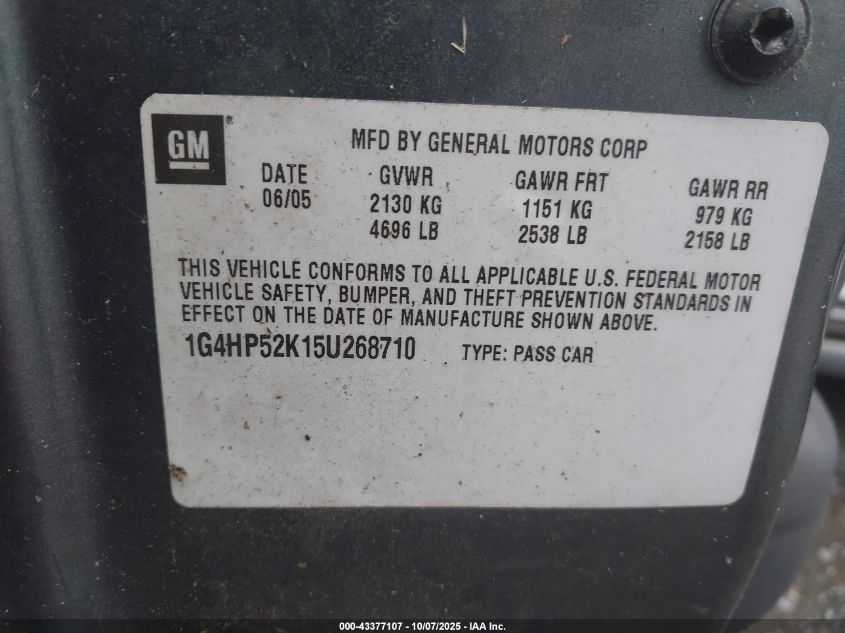 2005 Buick Lesabre Custom VIN: 1G4HP52K15U268710 Lot: 43377107