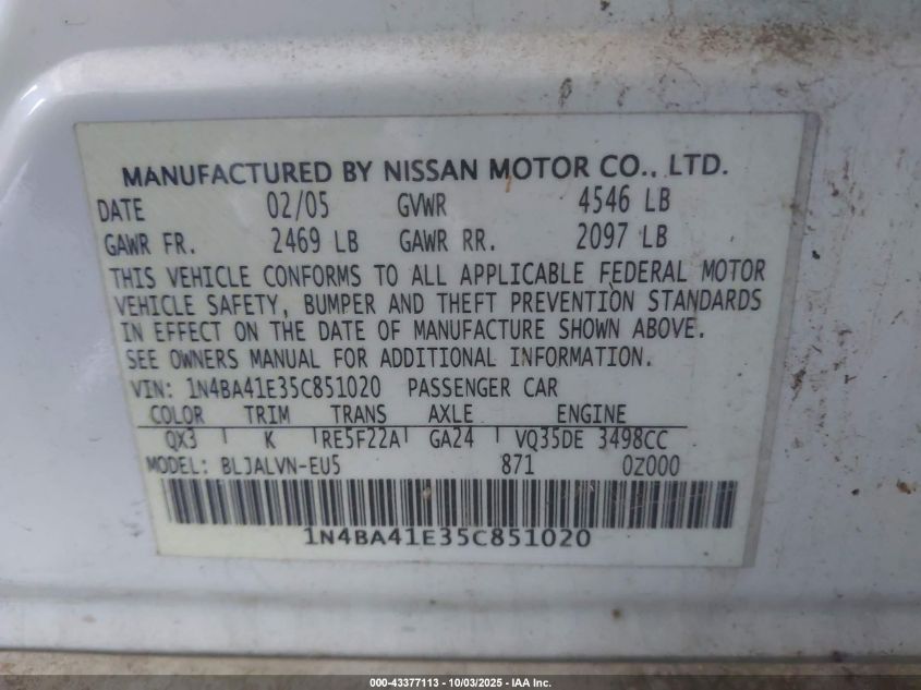 2005 Nissan Maxima 3.5 Se VIN: 1N4BA41E35C851020 Lot: 43377113