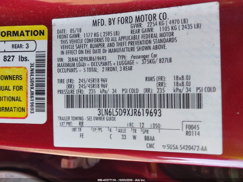 2018 Lincoln Mkz Select VIN: 3LN6L5D9XJR619693 Lot: 43377118