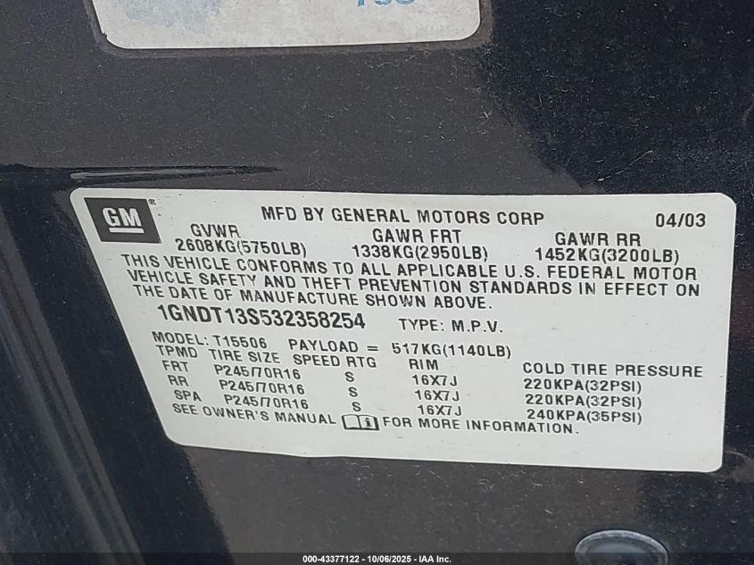 2003 Chevrolet Trailblazer Ls VIN: 1GNDT13S532358254 Lot: 43377122