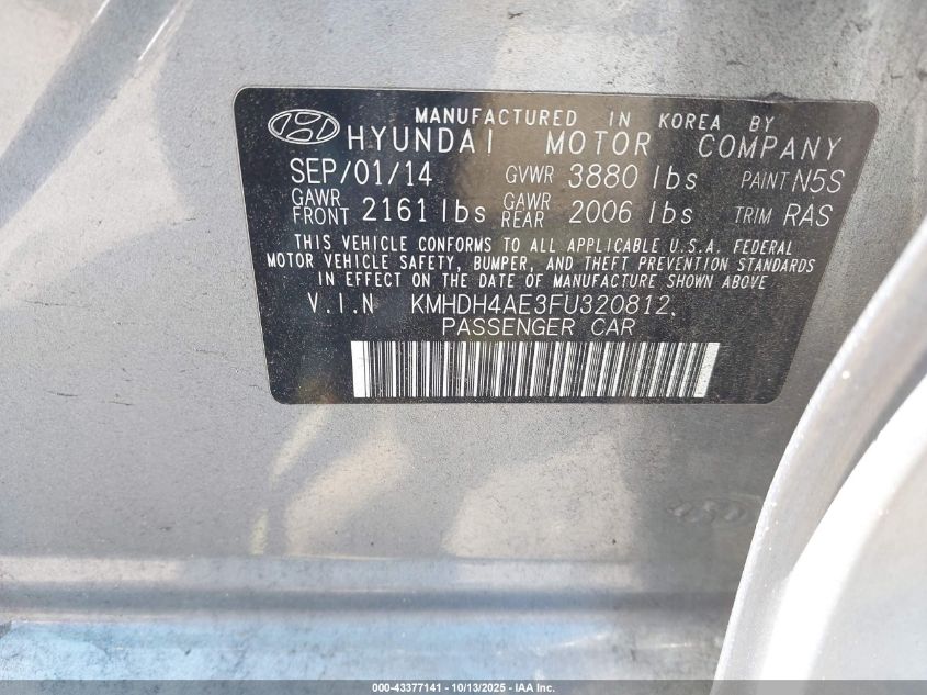 2015 Hyundai Elantra Se VIN: KMHDH4AE3FU320812 Lot: 43377141