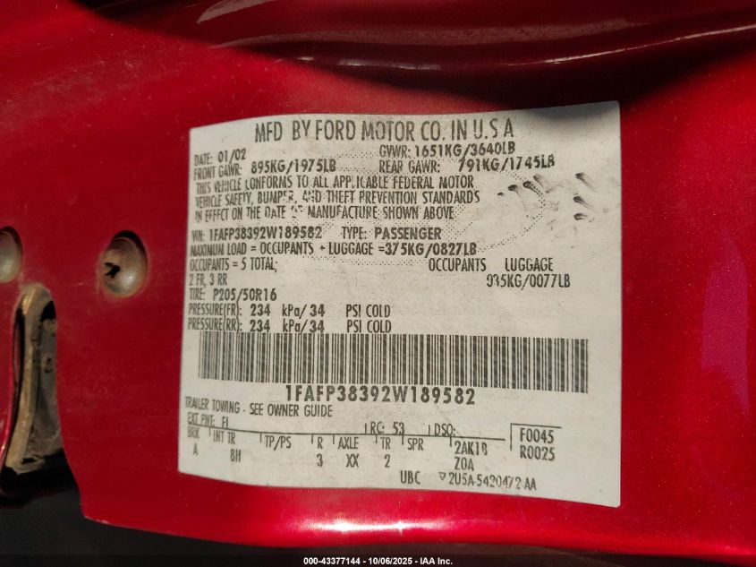 2002 Ford Focus Zts VIN: 1FAFP38392W189582 Lot: 43377144
