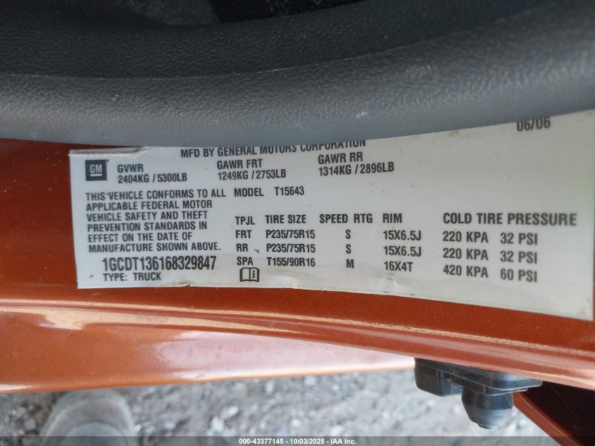 2006 Chevrolet Colorado Lt VIN: 1GCDT136168329847 Lot: 43377145