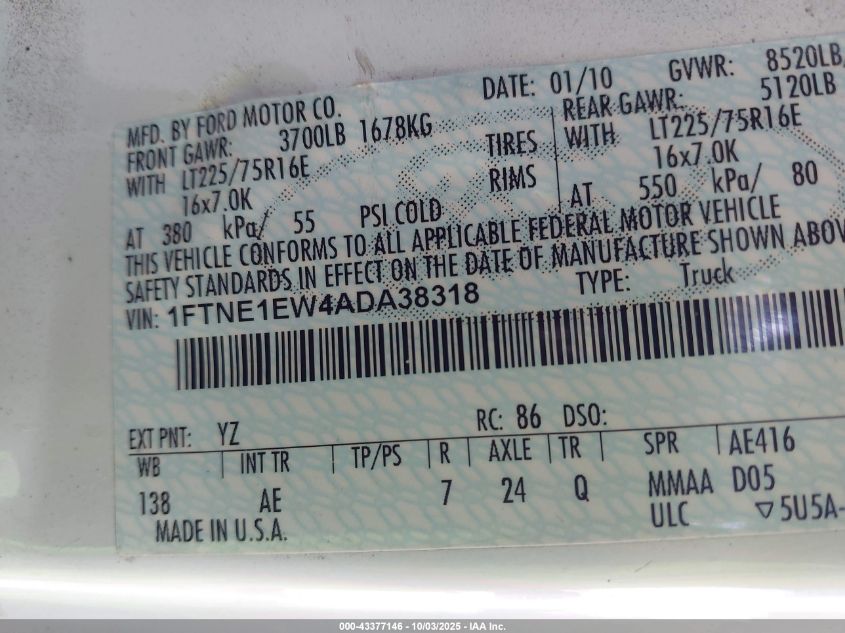 2010 Ford E-150 Commercial/Recreational VIN: 1FTNE1EW4ADA38318 Lot: 43377146