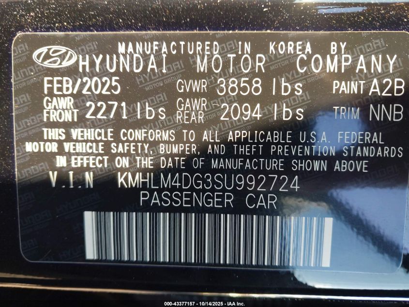 2025 Hyundai Elantra Sel Sport VIN: KMHLM4DG3SU992724 Lot: 43377157