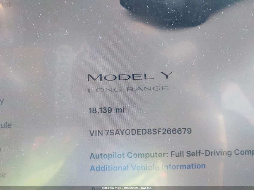 2025 Tesla Model Y Long Range Dual Motor Rear-Wheel Drive VIN: 7SAYGDED8SF266679 Lot: 43377166