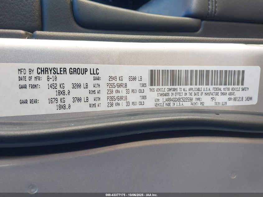 2011 Jeep Grand Cherokee Laredo VIN: 1J4RR4GGXBC522590 Lot: 43377175