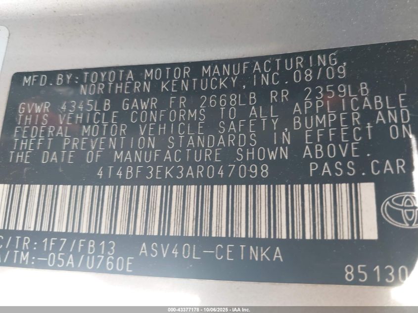 2010 Toyota Camry VIN: 4T4BF3EK3AR047098 Lot: 43377178