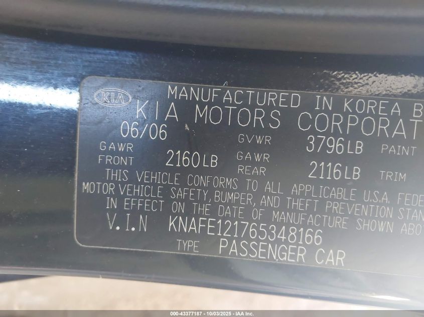 2006 Kia Spectra Ex/Lx/Sx VIN: KNAFE121765348166 Lot: 43377187