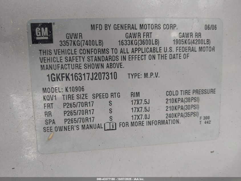 2007 GMC Yukon Xl 1500 Slt VIN: 1GKFK16317J207310 Lot: 43377188