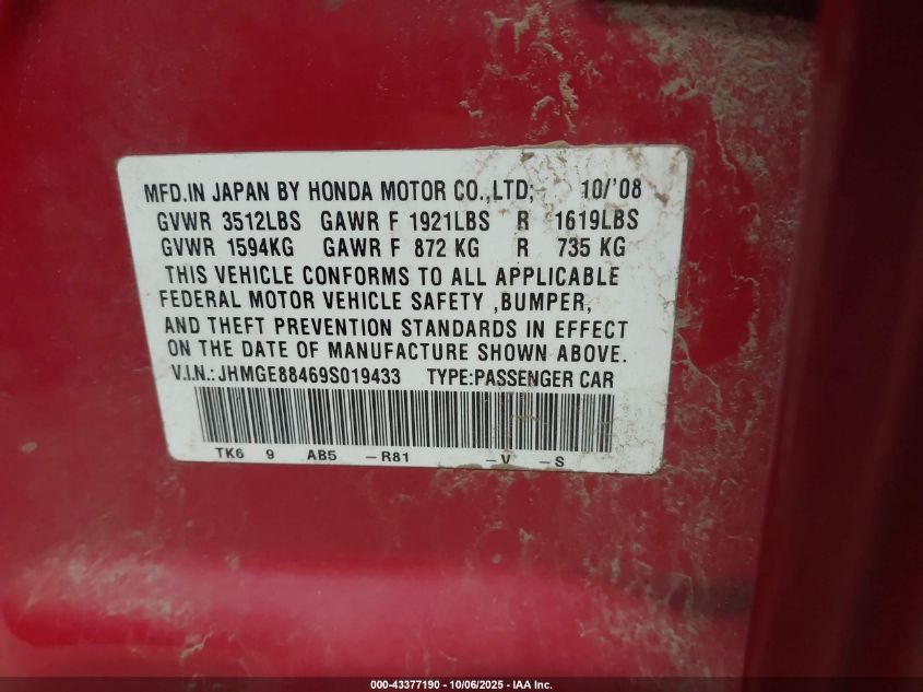 2009 Honda Fit Sport VIN: JHMGE88469S019433 Lot: 43377190