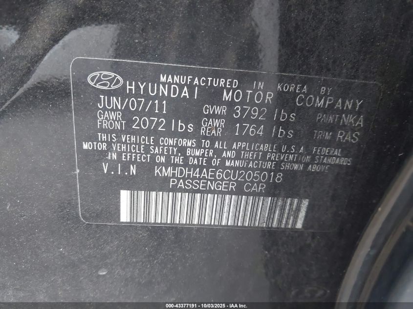 2012 Hyundai Elantra Gls (Ulsan Plant) VIN: KMHDH4AE6CU205018 Lot: 43377191