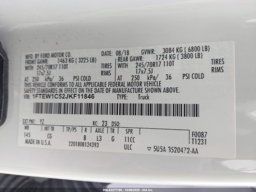 2018 Ford F-150 Xl VIN: 1FTEW1C52JKF11846 Lot: 43377196