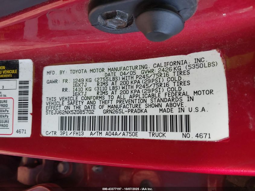 2005 Toyota Tacoma Prerunner V6 VIN: 5TEJU62NX5Z085702 Lot: 43377197