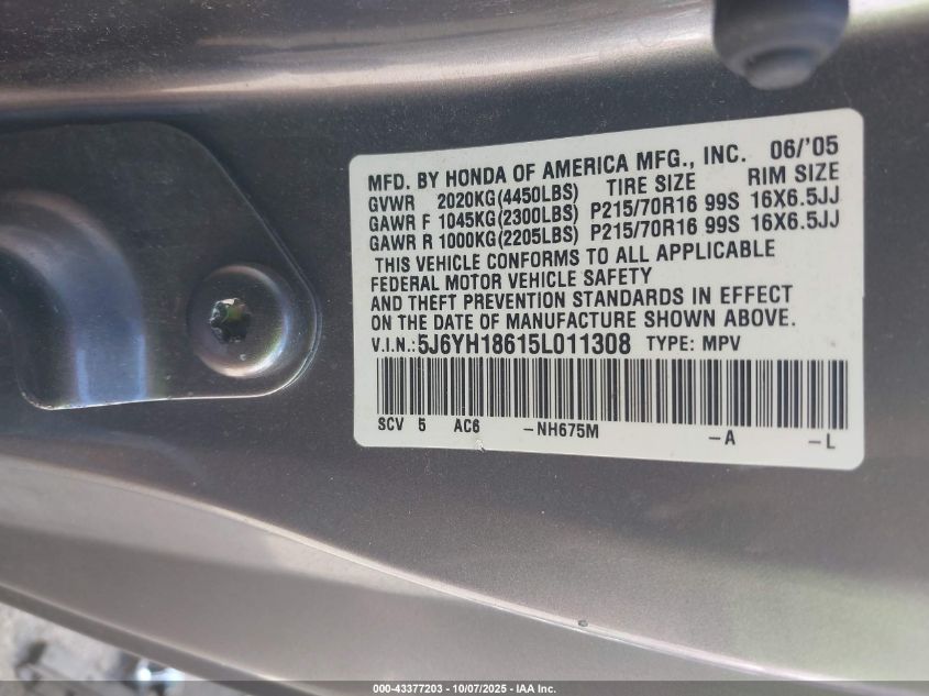 2005 Honda Element Ex VIN: 5J6YH18615L011308 Lot: 43377203
