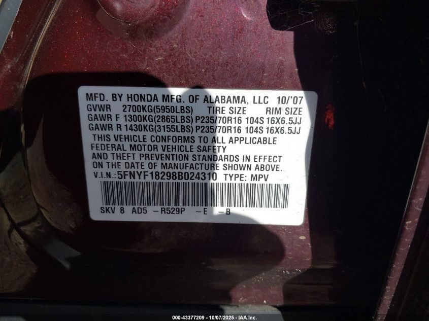 2008 Honda Pilot Vp VIN: 5FNYF18298B024310 Lot: 43377209