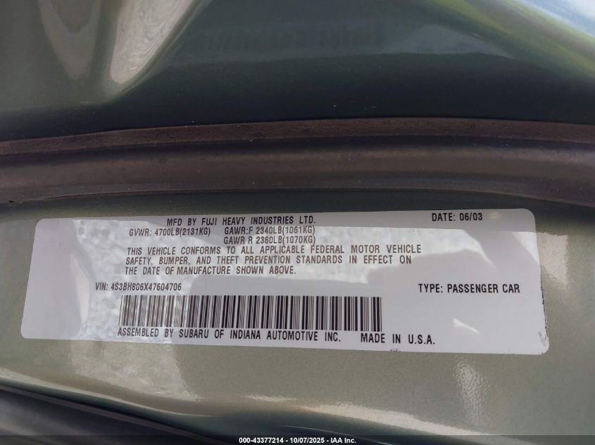 2004 Subaru Outback H6-3.0 L.l. Bean Edition VIN: 4S3BH806X47604706 Lot: 43377214