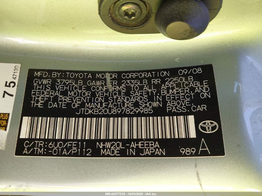 2009 Toyota Prius VIN: JTDKB20U897829985 Lot: 43377219