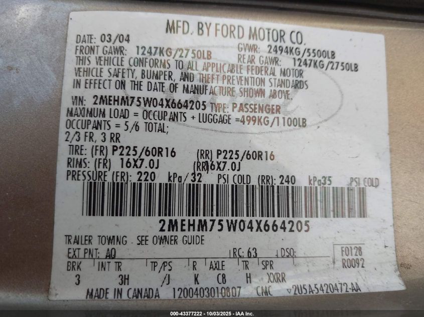 2004 Mercury Grand Marquis Ls VIN: 2MEHM75W04X664205 Lot: 43377222